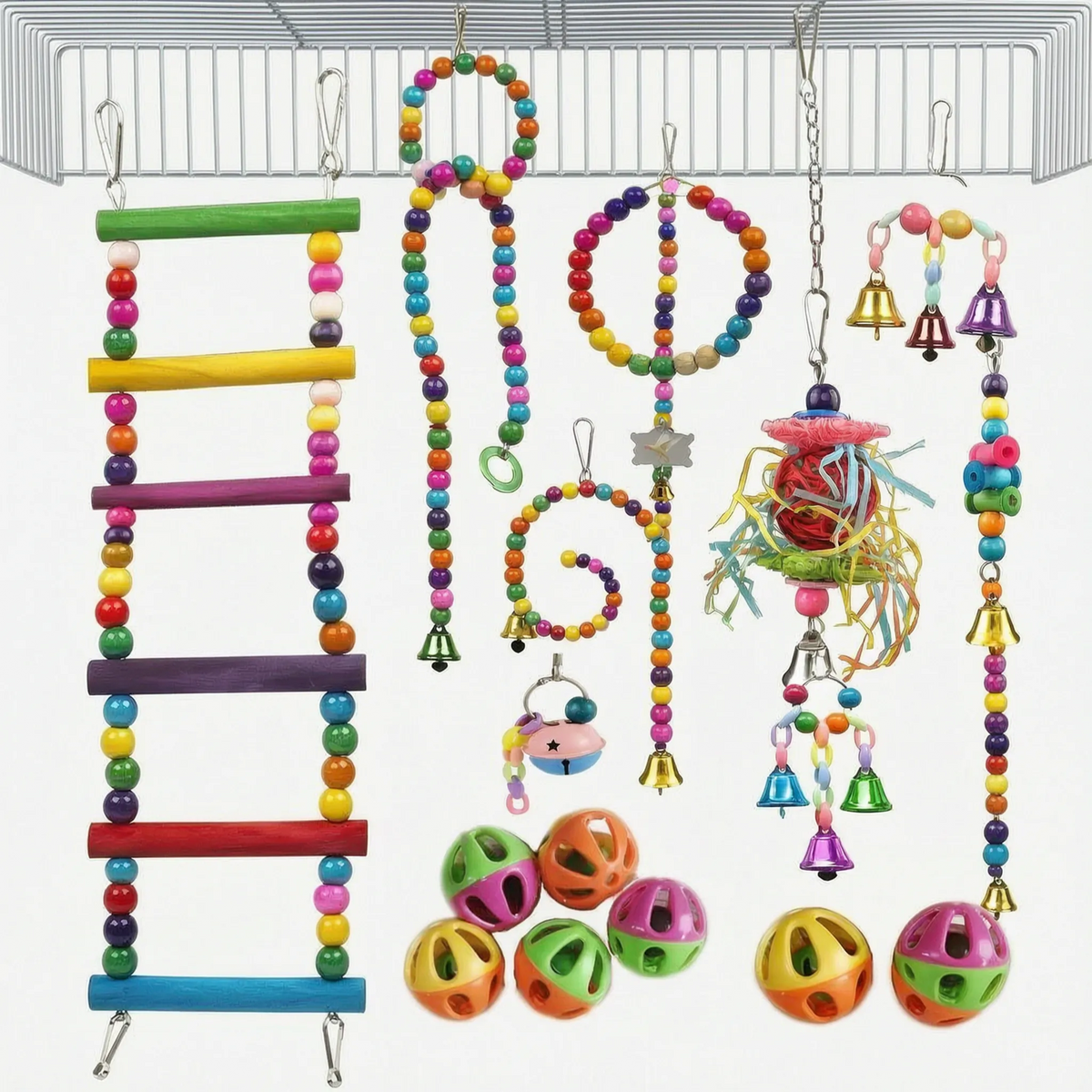 Another colourful set hung from a cage roof: rainbow ladder, bead rings, shredding toy, bell chimes and six plastic balls. 7
