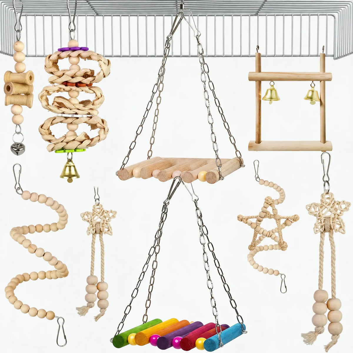 Mixed set of unpainted wooden bird toys with rattan stars and bead strings, plus a rainbow perch swing, hung from a cage roof. 8