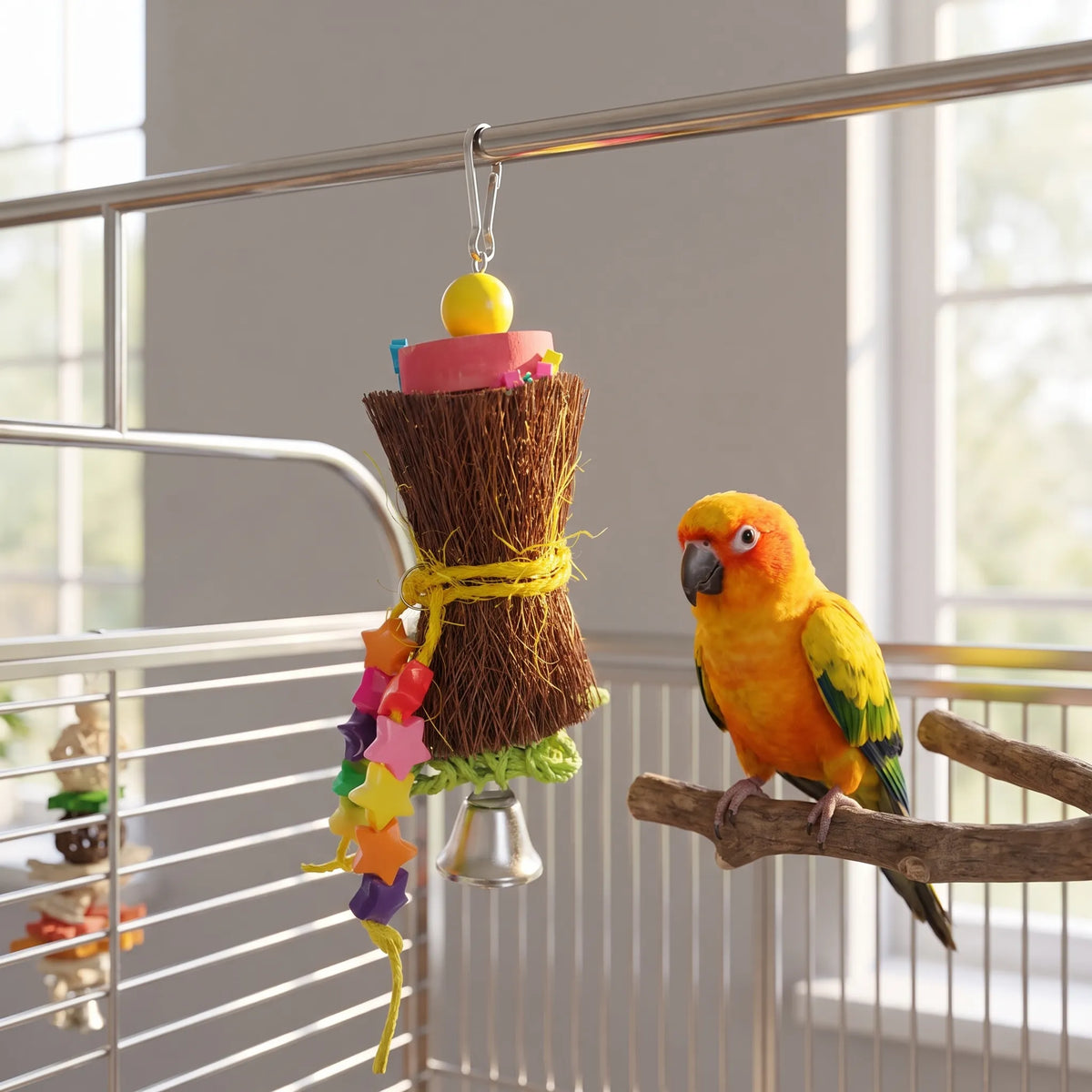 Fibre bundle toy tied with yellow twine, star beads and a bell, hanging in a cage beside a perched orange parrot. 1