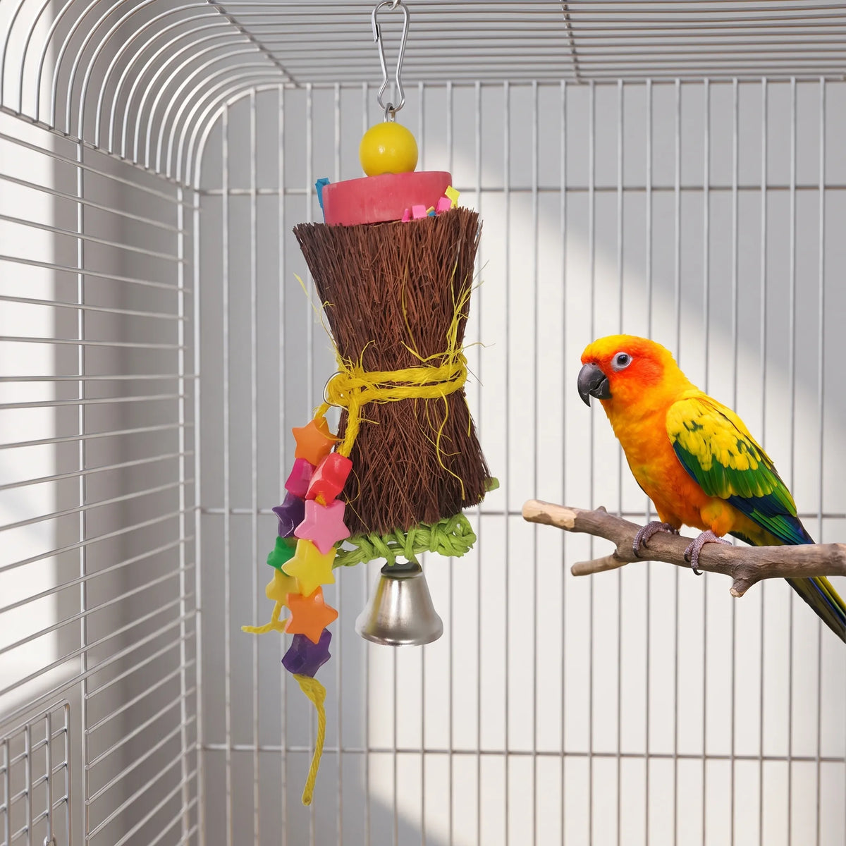 Fibre bundle toy with star beads and bell hanging inside a cage, a sun conure perched on a branch nearby. 4