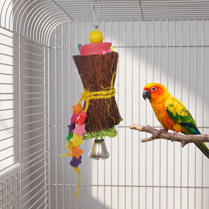 Fibre bundle toy with star beads and bell hanging inside a cage, a sun conure perched on a branch nearby. 4