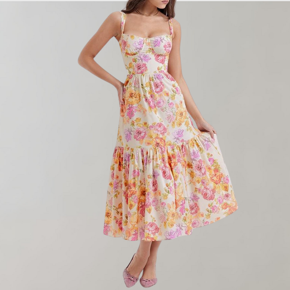 Autumnal Floral-Print Midi Party Dress – Mireille