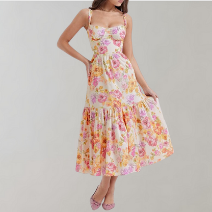 Autumnal Floral-Print Midi Party Dress – Mireille