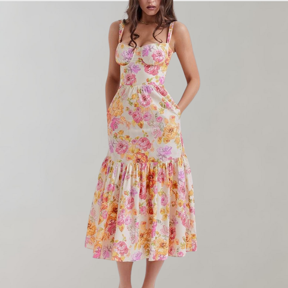 Autumnal Floral-Print Midi Party Dress – Mireille