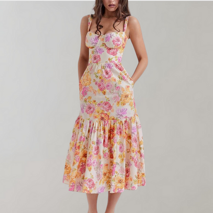 Autumnal Floral-Print Midi Party Dress – Mireille