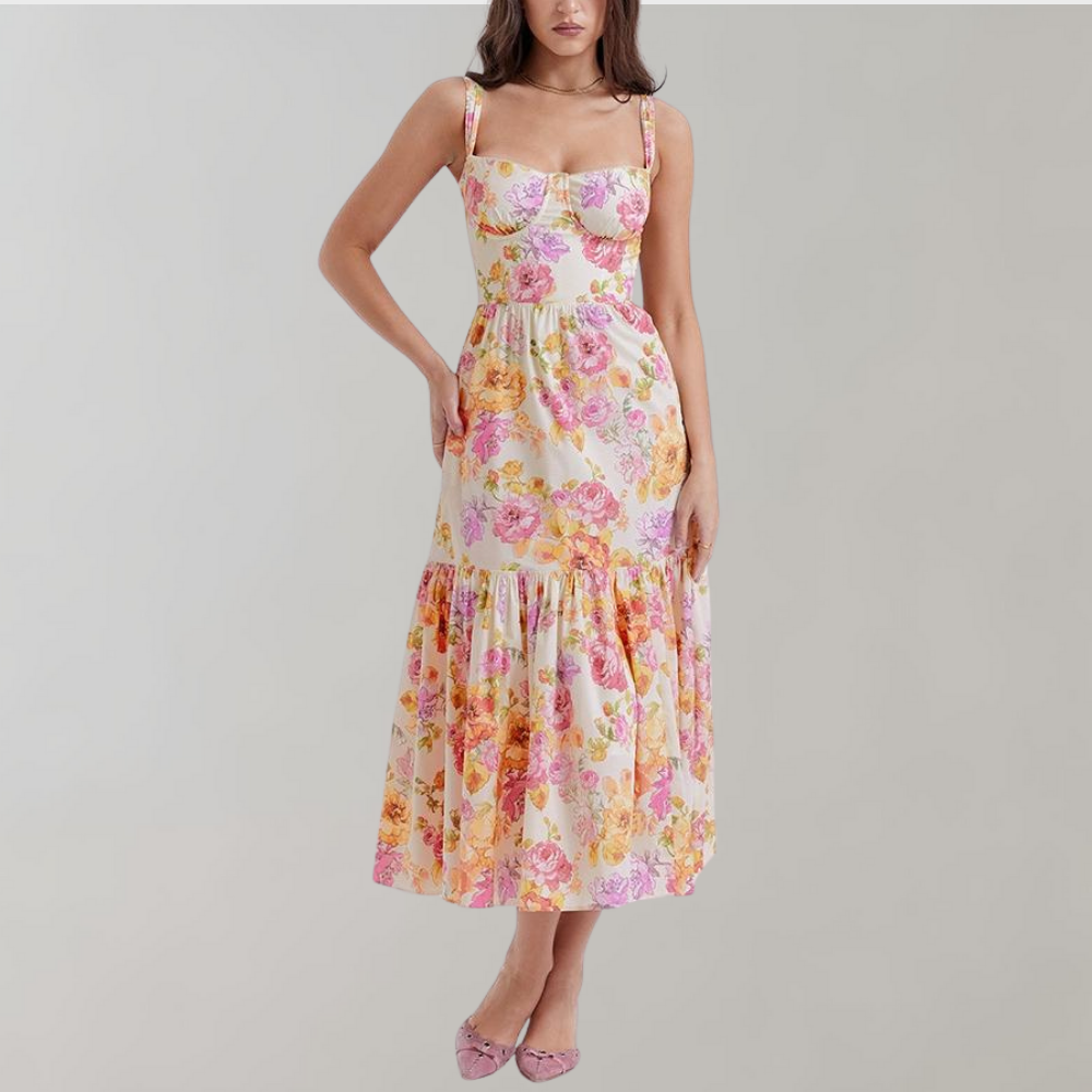 Autumnal Floral-Print Midi Party Dress – Mireille