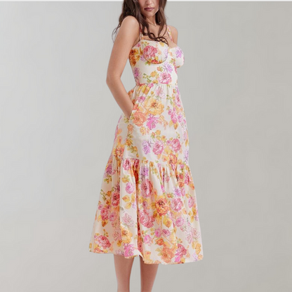 Autumnal Floral-Print Midi Party Dress – Mireille
