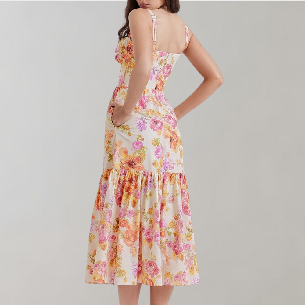 Autumnal Floral-Print Midi Party Dress – Mireille