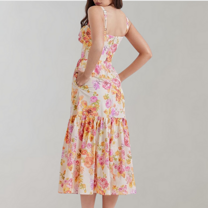 Autumnal Floral-Print Midi Party Dress – Mireille