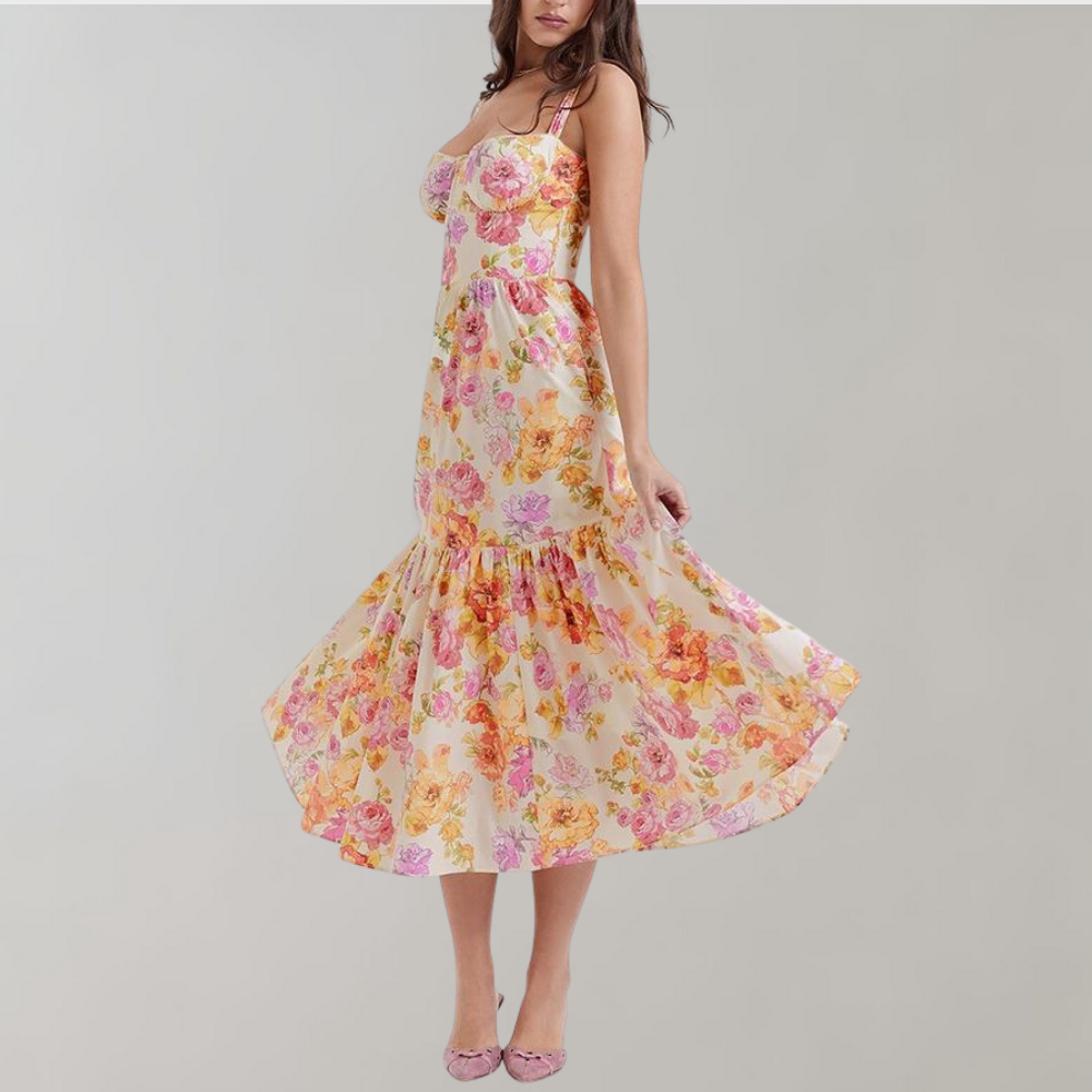 Autumnal Floral-Print Midi Party Dress – Mireille