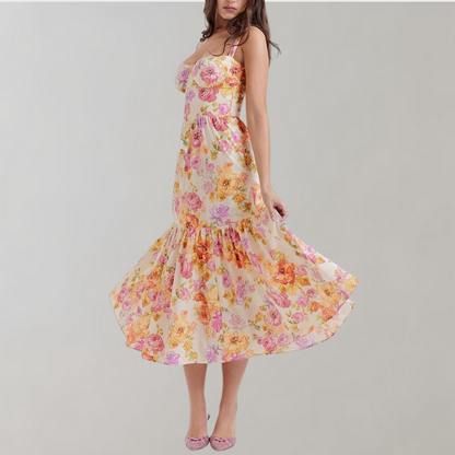 Autumnal Floral-Print Midi Party Dress – Mireille