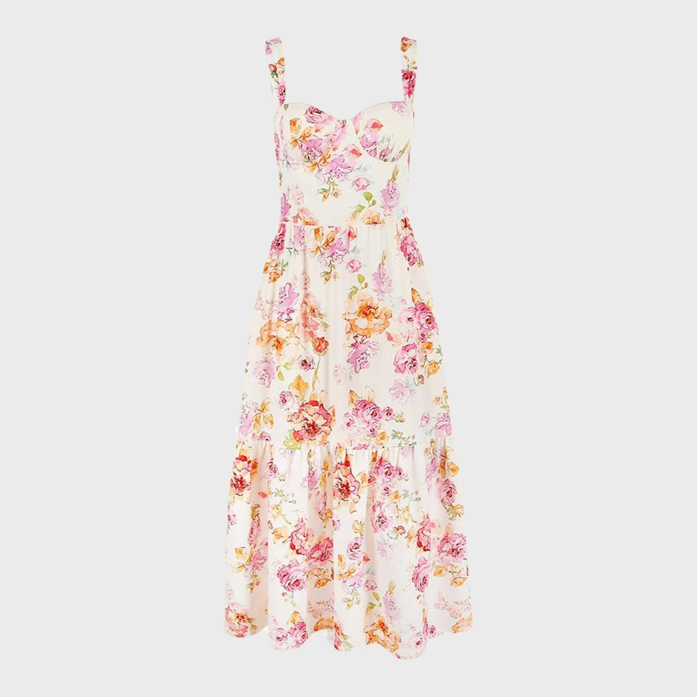 Autumnal Floral-Print Midi Party Dress – Mireille