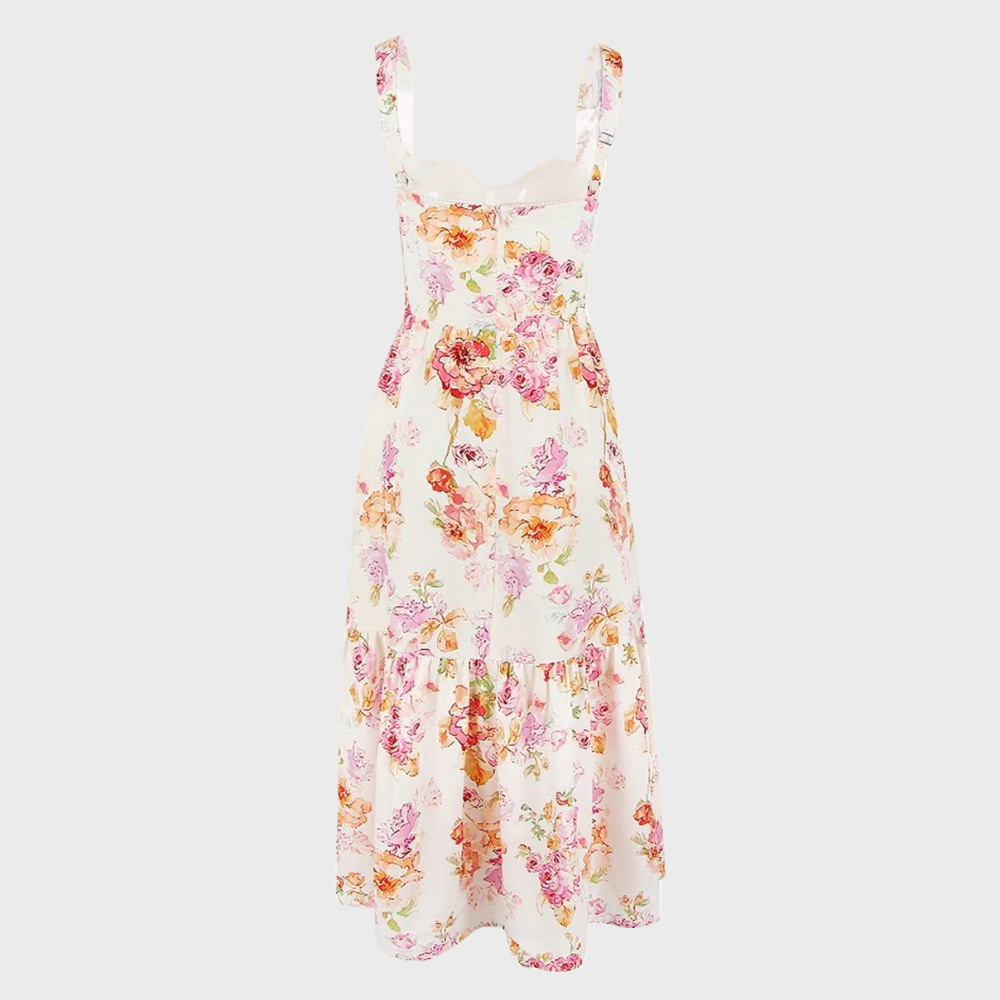 Autumnal Floral-Print Midi Party Dress – Mireille