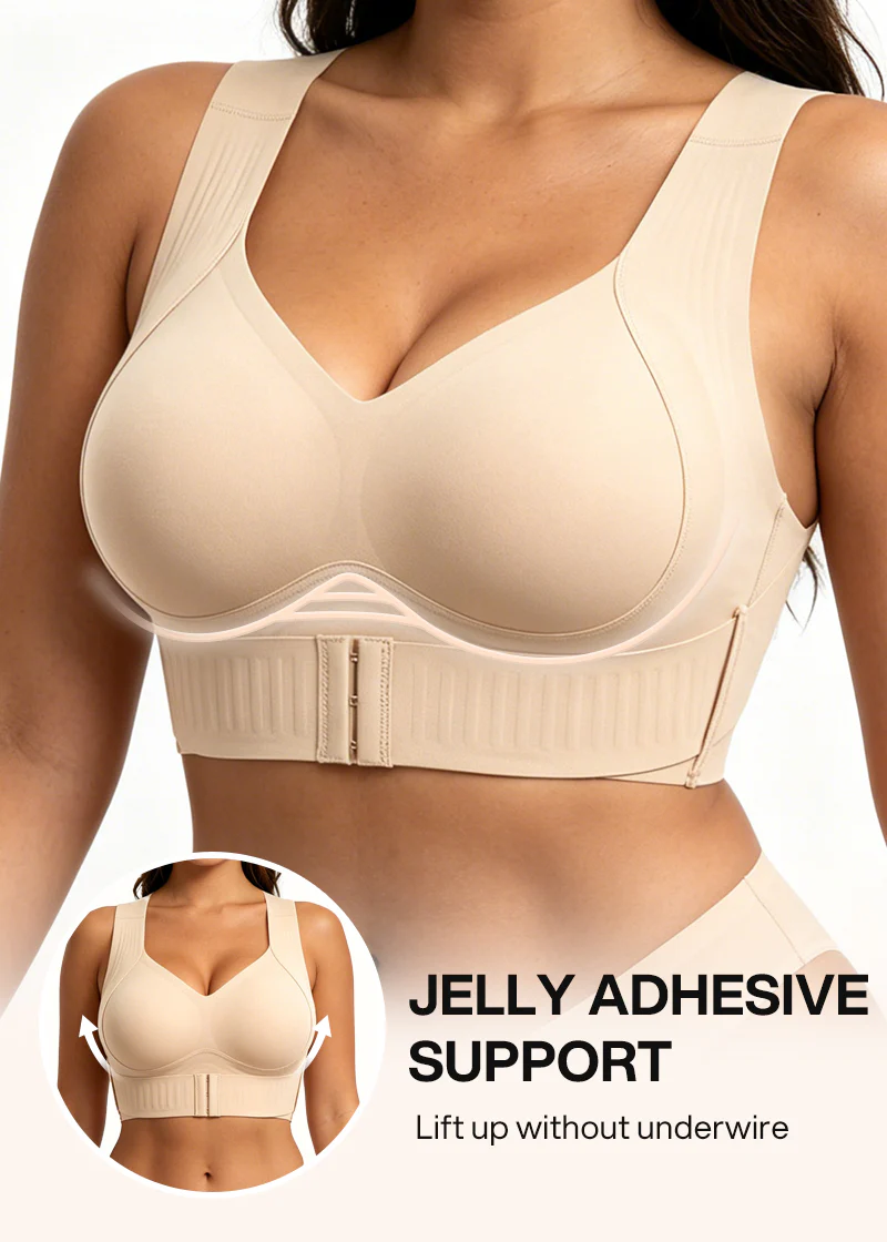 Close-up of the beige bra's front with an inset of the whole bra and a note about wire-free lift. 4