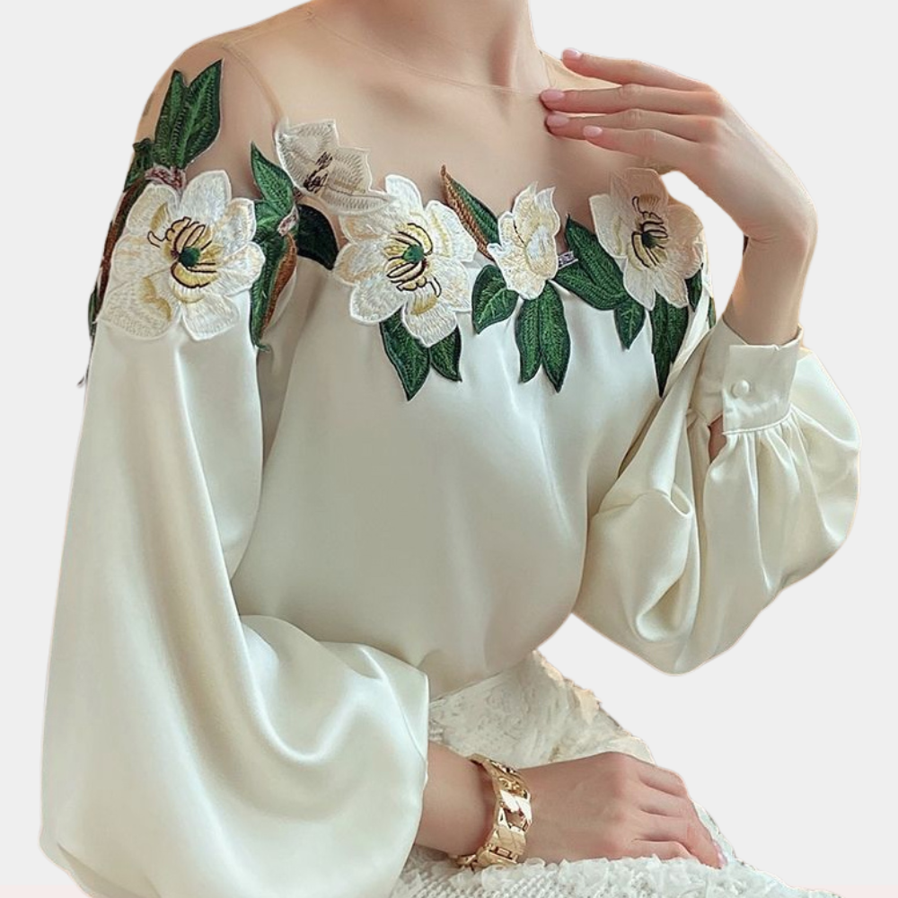 Beige women's blouse with autumnal floral print and a relaxed fit – Elvira