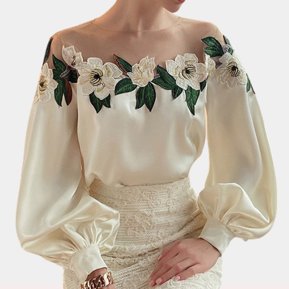 Beige women's blouse with autumnal floral print and a relaxed fit – Elvira