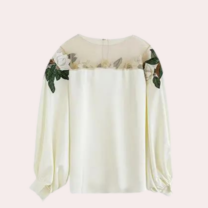 Beige women's blouse with autumnal floral print and a relaxed fit – Elvira