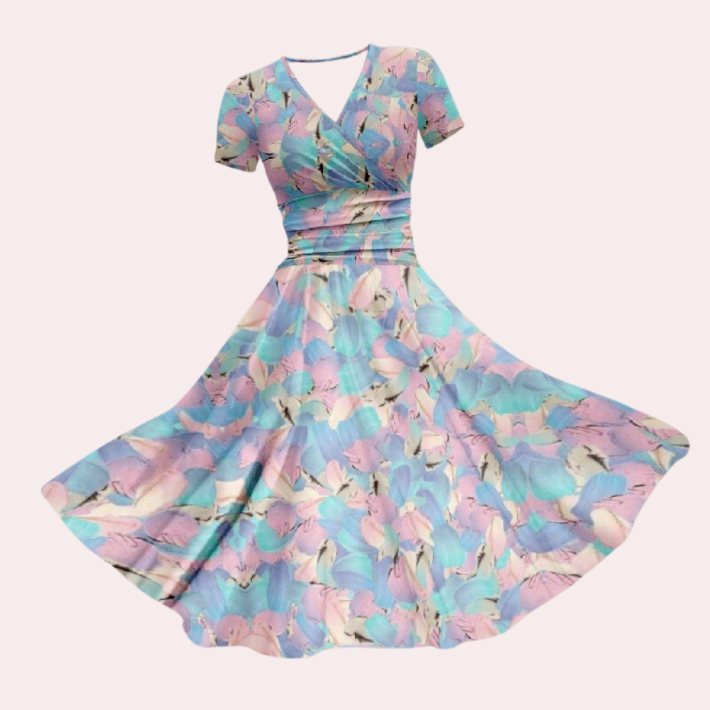 Autumnal Colourful Midi Dress with V-Neck – Selina