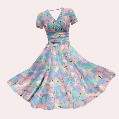 Autumnal Colourful Midi Dress with V-Neck – Selina