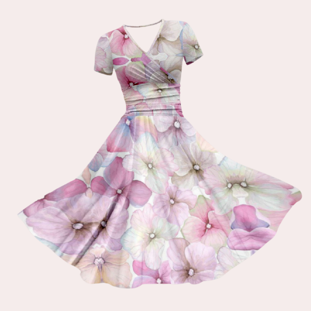 Autumnal Colourful Midi Dress with V-Neck – Selina