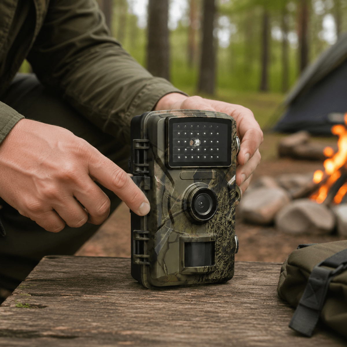 Hands positioning the camouflage trail camera on a wooden table at a campsite, showing the infrared lights, lens and motion sensor on the front. 2