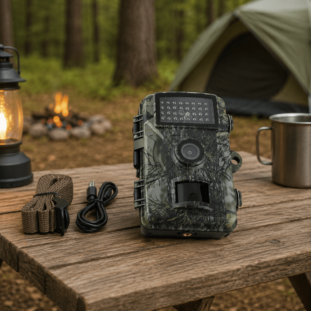 Camouflage trail camera standing on a wooden camping table beside a coiled brown strap and black USB cable, with lantern, tent and campfire behind. 1