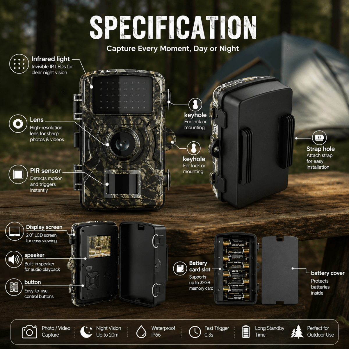 Annotated diagram of the camera's parts, with callouts for the lens, motion sensor, infrared lights, screen, buttons, mounting points and battery compartment. 5