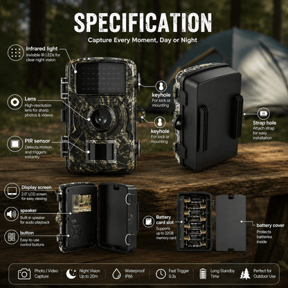 Annotated diagram of the camera's parts, with callouts for the lens, motion sensor, infrared lights, screen, buttons, mounting points and battery compartment. 5