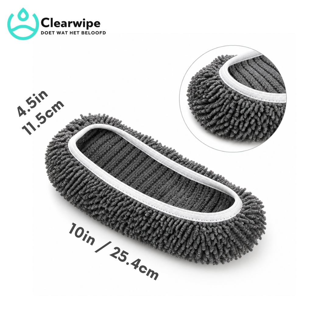 Single grey chenille mop pad with white trim shown from above, with a close-up inset and size dimensions marked. 5