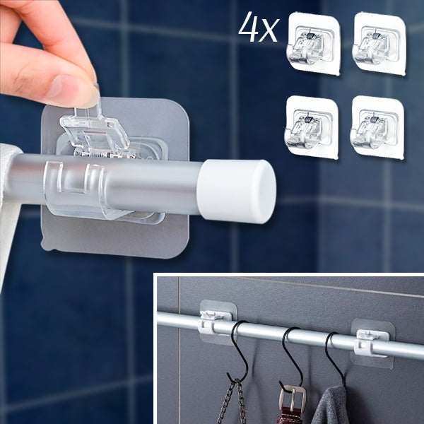 Collage of a hand clipping a rod into a clear adhesive holder, four holders shown, and hooks hanging from a rod. 1