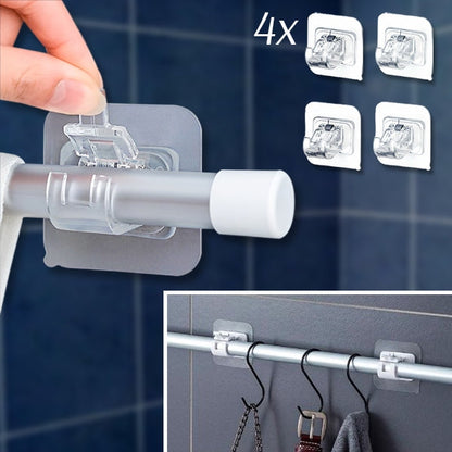 Collage of a hand clipping a rod into a clear adhesive holder, four holders shown, and hooks hanging from a rod. 1