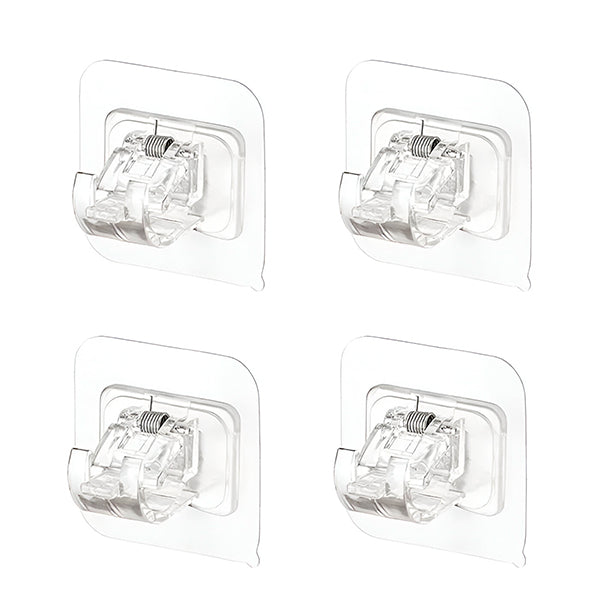 Four clear square adhesive rod clips with visible metal springs, arranged in a grid on a white background. 3