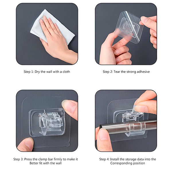 Four-step installation guide: dry the wall, peel the adhesive, press the clip firmly, then fit the rod. 7