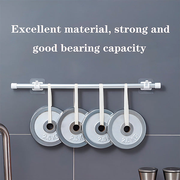 Rod mounted on two clips on a grey wall, with four weight plates hanging from white straps to show strength. 8