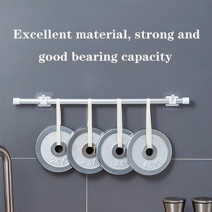 Rod mounted on two clips on a grey wall, with four weight plates hanging from white straps to show strength. 8