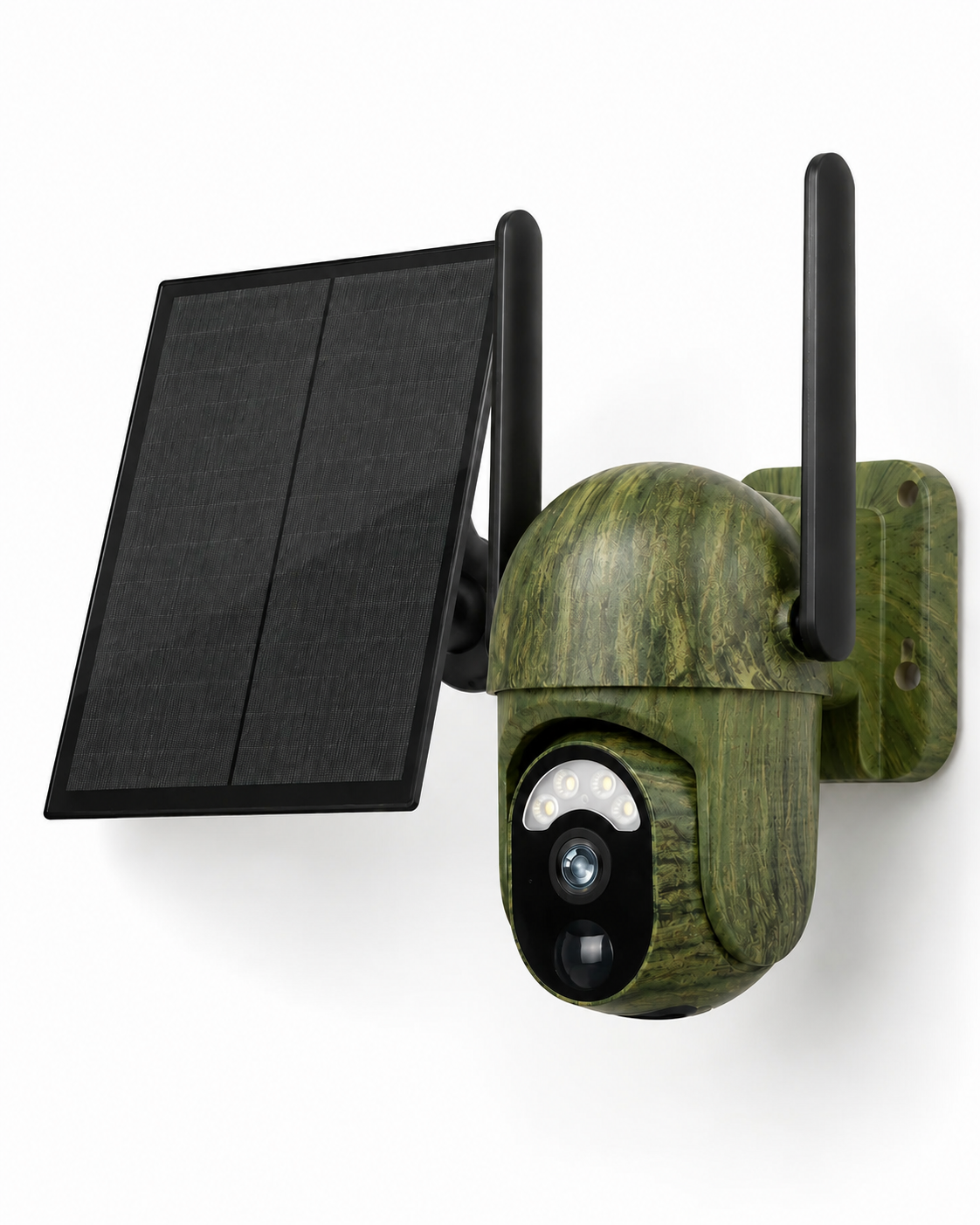 Camouflage-green camera with a separate black solar panel and two antennas, shown on a white background from a three-quarter angle. 1