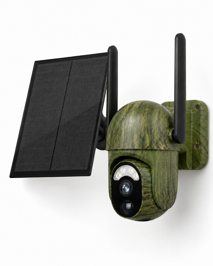 Camouflage-green camera with a separate black solar panel and two antennas, shown on a white background from a three-quarter angle. 1