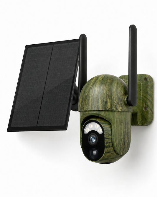 Camouflage-green camera with a separate black solar panel and two antennas, shown on a white background from a three-quarter angle. 1