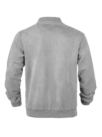 Light grey jacket laid flat from the back, with ribbed collar, cuffs and hem 36
