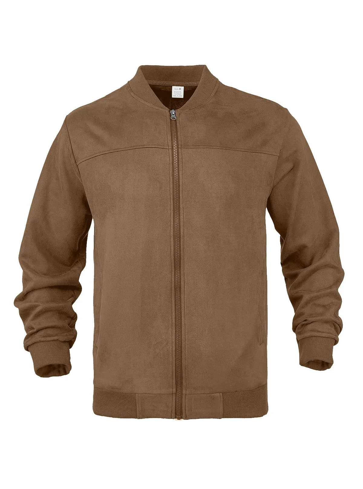 Brown zip-up jacket laid flat from the front, with ribbed stand collar and cuffs 39