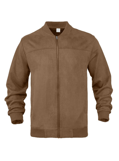 Brown zip-up jacket laid flat from the front, with ribbed stand collar and cuffs 39