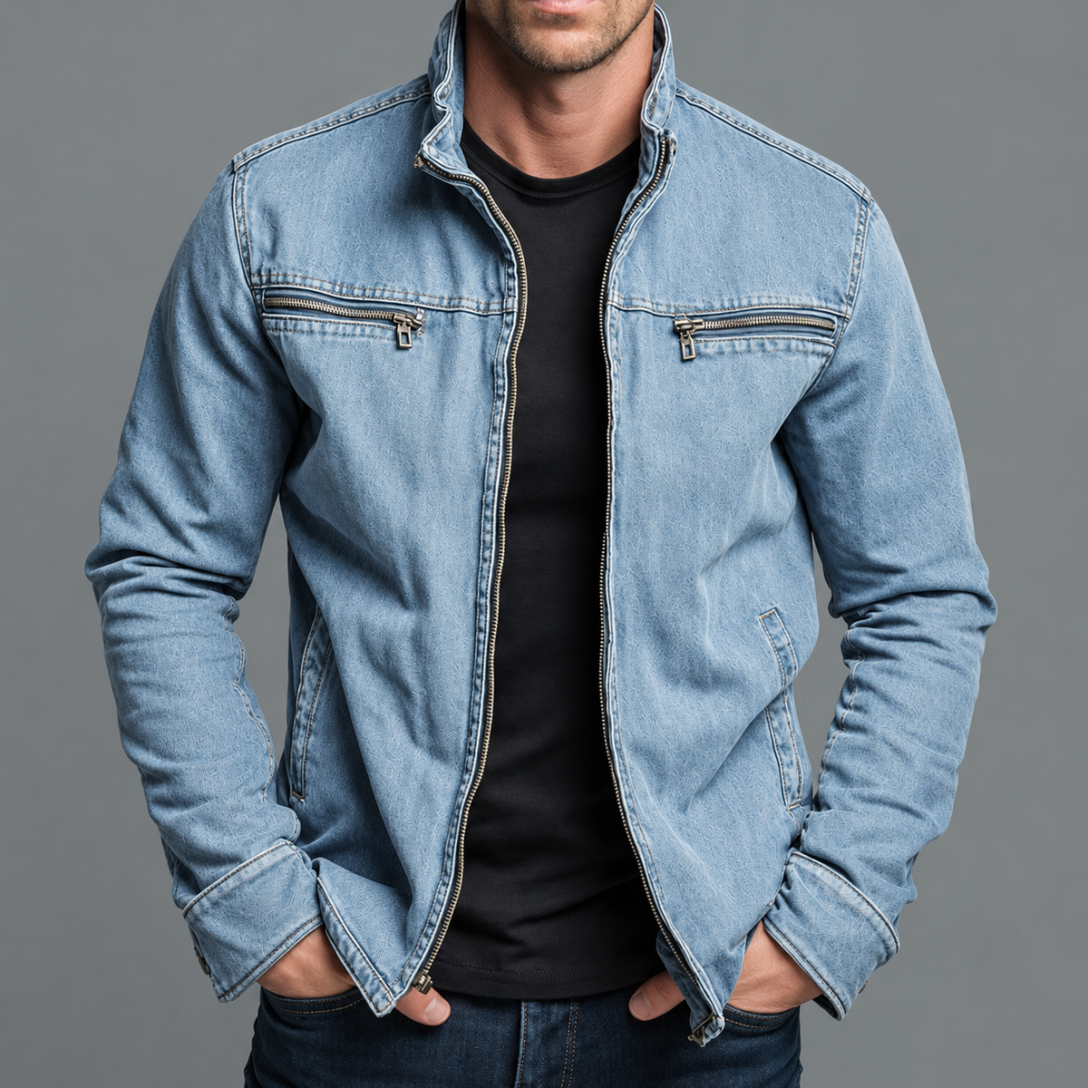Model wearing the light blue denim version of the jacket, open over a black tee 7