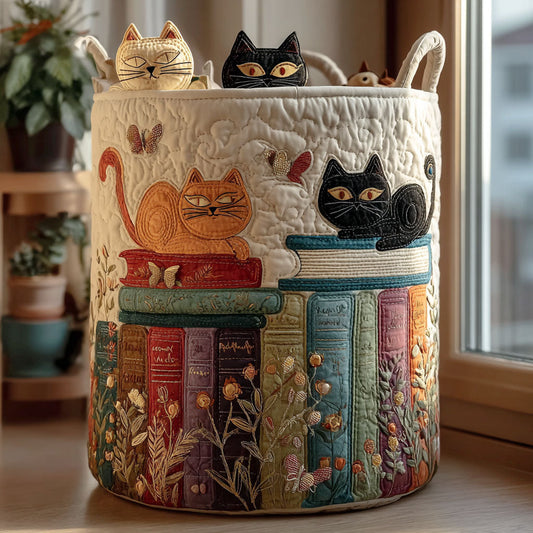 Quilted Cat Print Laundry Basket - Foldable Storage Hamper 1