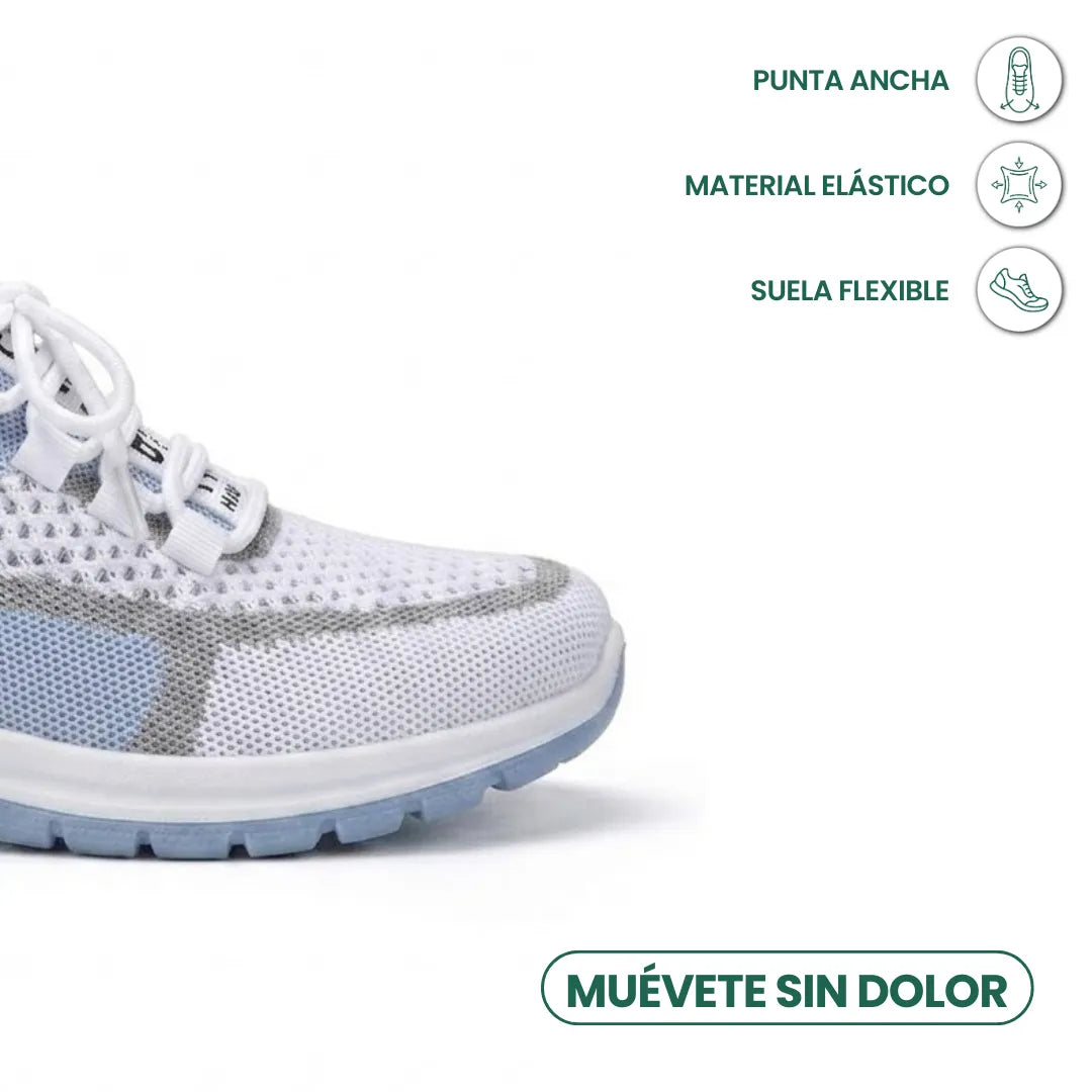 Close-up of the pale blue trainer's toe box and laces, with icons highlighting the wide toe, elastic upper and flexible sole. 5