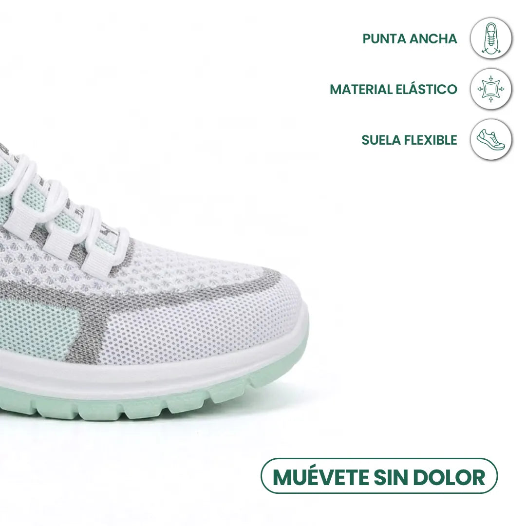 Close-up of the mint green trainer's toe box and laces, with icons highlighting the wide toe, elastic upper and flexible sole. 14