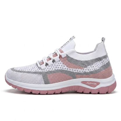 Side view of the white mesh trainer in dusky pink with grey stripes and a matching pink chunky sole. 19