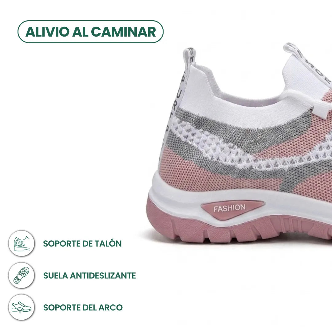 Close-up of the heel of a white, grey and pink mesh trainer with a pink sole and heel-support icons. 22