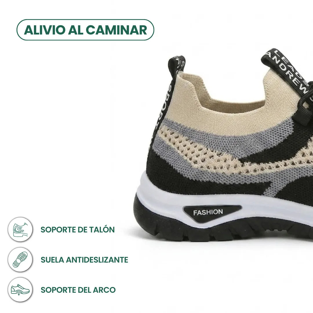 Close-up of the heel of a beige, grey and black mesh trainer with a black sole and heel-support icons. 40