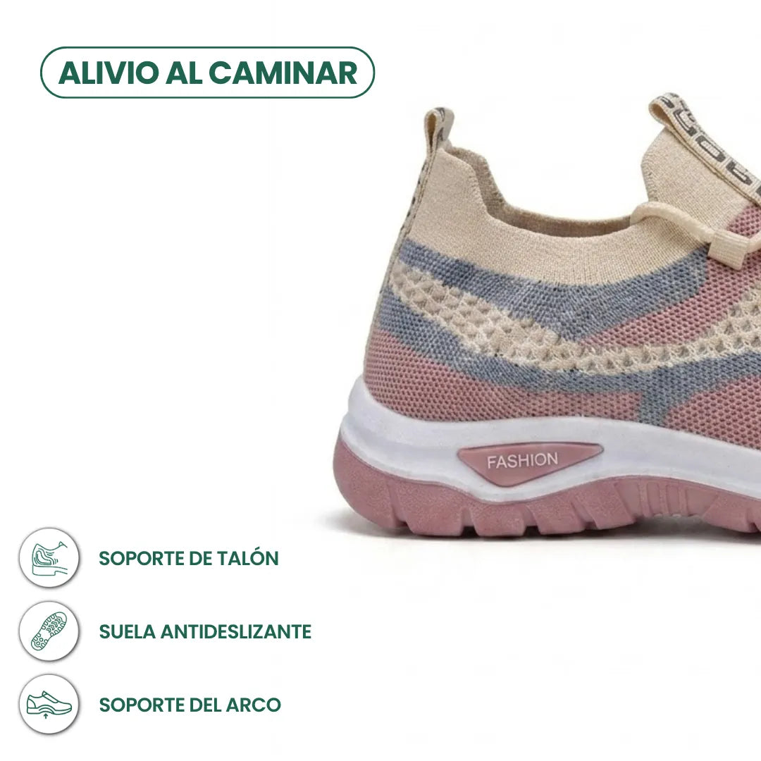 Close-up of the heel of a beige, pink and grey mesh trainer with heel-support icons. 31
