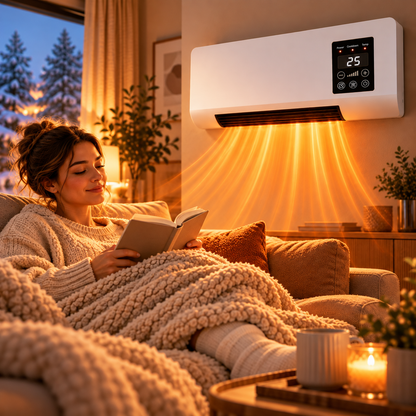 Woman reading a book under a chunky blanket, glowing warm air flowing down from the wall heater 6